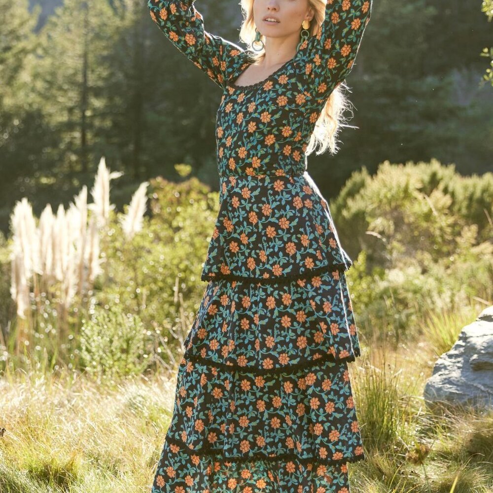 Brenda Tiered Skirt - Faded Black/Bright Clementine & Moss Floral - Picture 1 of 7
